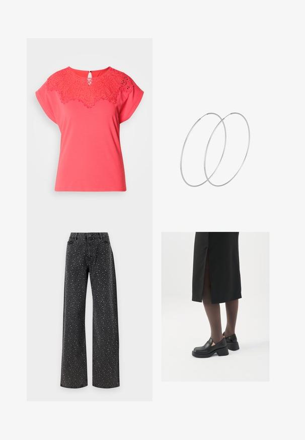 Merine lühikeste varrukatega t-särk, millel on detailne pitsist ülepaisutatud kaelus, ümar kuju ja selja klambri nööbiga sulgemine.; Noisy May NMJANNEL LOOSE - Avar lõikega teksad - black denim; Mustad mustad jalatsid ümmarguse varbaga, paksu plokkniidi ja elastsete külgdetailidega, kombineeritud tumedate sukkade ja musta lõhikuga seelikuga.; Hõbedased rõngastikkaehingad minimalistlikus disainis. Ümar kuju, sile tekstuur ja õhuke profiil. Kerged ning poleeritud viimistlusega.