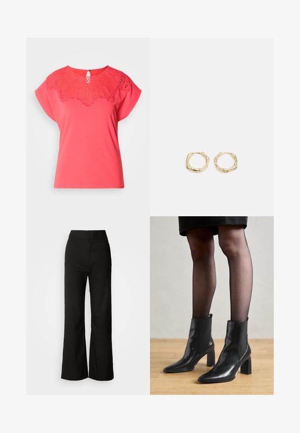 Merine lühikeste varrukatega t-särk, millel on detailne pitsist ülepaisutatud kaelus, ümar kuju ja selja klambri nööbiga sulgemine.; Mustad laiad püksid sujuva tekstuuriga, kõrge vöökoht ja puhas disain. Ei ole nähtavaid taskuid ega dekoreerimist.; Mustad mustad jalanõud terava ninaga, paksu ruudukujulise kontsaga ja saleda disainiga. Omavad elastseid külgpaneele mugavaks selga tõmbamiseks.; Kuldsete rõngaskõrvarõngaste tekstuuriga, ebakorrapärane kuju. Omab sujuvat lukustust ja poleeritud pinnatöötlust, rõhutades kaasaegset disaini.