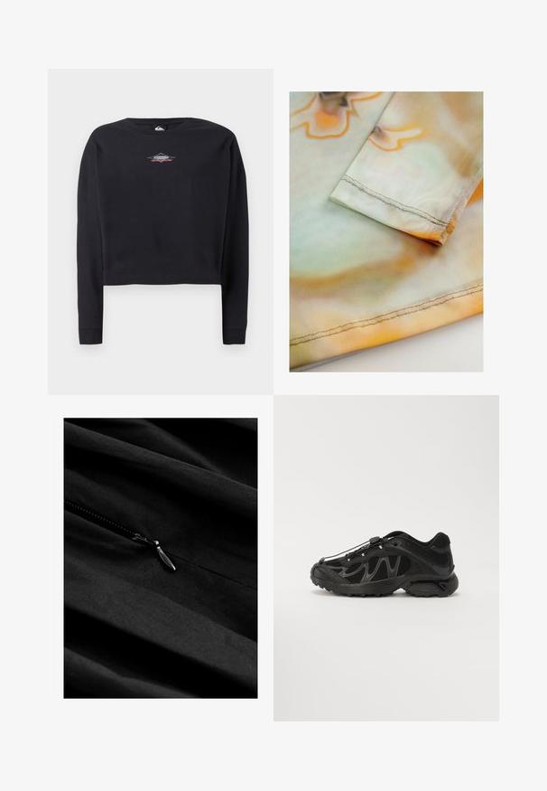 Musta lyhythihainen collegepaita, joka on valmistettu puuvillasta, ympyräkauluksella ja pitkillä hihoilla. Rintakehässä pieni harmaasävyinen ja punainen logografiikka.; Pehmeä, kevyt kangas, jossa on aaltoileva oranssi ja vihreä kuvio. Hihansuun reunassa on siististi ommeltu sauma.; Musta kangas hienovaraisella tekstuurilla, jossa on vetoketjulukko. Vetoketjassa on metallinen vetonuppi, joka on asetettu sileän, juntatun materiaalin päälle.; Musta urheilusandaalit, joissa on verkkomateriaalia, kaareva muotoilu ja kumipohja. Varustettu joustavilla nauhoilla ja teksturoiduilla yksityiskohdilla pidon parantamiseksi.