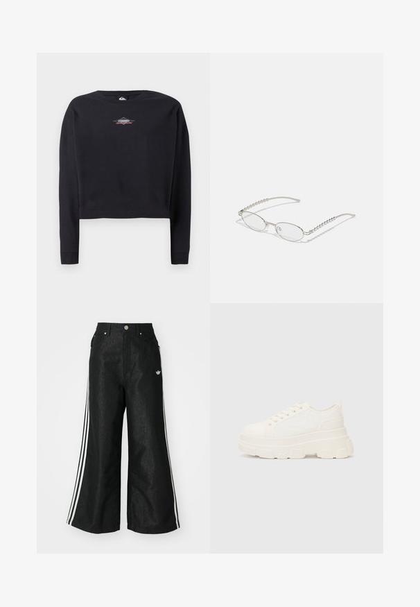 Melna īsā džemperis, izgatavots no kokvilnas, ar apaļu kakla izgriezumu un garām piedurknēm. Mazs logo grafiskais attēls pelēkā un sarkanā krāsā uz krūšu daļas.; Melni platās kājas džinsi ar trim baltām svītrām katrā pusē un mazu baltu logotipu. Iezīmē priekšējos kabatas un pogu aizdari.; Baltas kavu tenisa apavi ar masīvu zoli, apaļu purngalu un piecām acīm auklām. Aizmugures cilpa vieglai uzvilkšanai. Gluda tekstūra, minimāls dizains.; Ovālas brilles ar metāliski sudraba rāmi, caurspīdīgām lēcām un teksturētām pērlīšu akcentiem uz tempļiem. Viegls dizains ar izliektiem kājiņām.