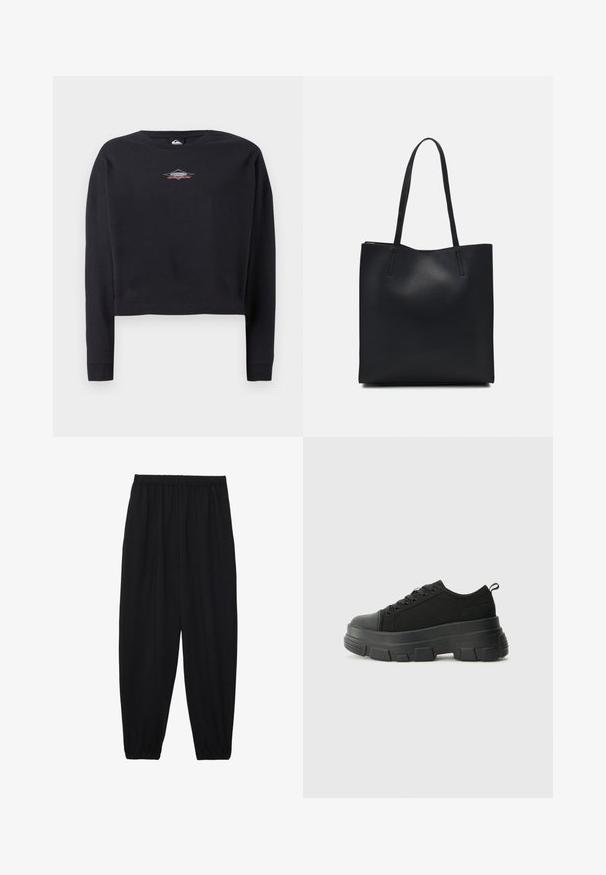 Mustam suuruselt lühike sviiter, mis on valmistatud puuvillast, ümmarguse kaelusega ja pikkade varrukatega. Rinnal on väike logo graafika halli ja punase värviga.; Mustad, kerge kangas püksid elastse vöökoha ja kokku volditud pahkluudega. Kanga pind on sile ja disain on lõdvestunud, kitsenev.; Mustad mustad mustikad, millel on tugev kummist põhi, tekstuuriga kangast pealis, ümar varvas ja seotud disain. Omab tugevdatud silmuseid ja tagumist tõmbeotsta.; Mustast nahast kott sujuva tekstuuriga, ristkülikukujuline ja kahe pika sangaga. Pole nähtavat riistvara ega kaunistusi.