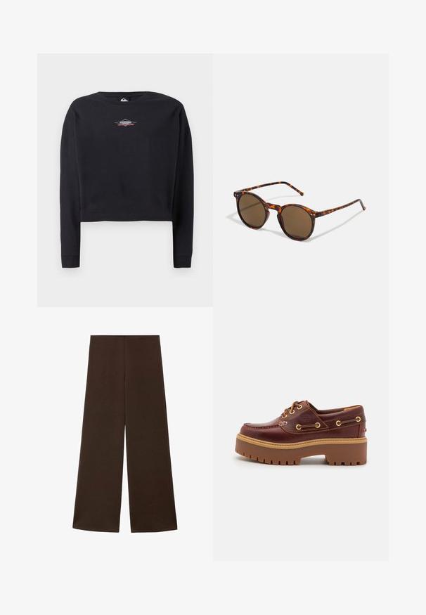 Zwarte cropped sweatshirt van katoen, met een ronde halslijn en lange mouwen. Kleine logoafbeelding in grijs en rood op de borst.; Wijdvallende broek gemaakt van een gladde, donkerbruine stof. Kenmerkt zich door een hoge tailleband en een minimalistisch ontwerp zonder versieringen.; Bruine leren botenschoenen met een stevige bruine rubberen zool, gouden ogen en contraststiksels. Heeft een logo aan de zijkant.; Ronde zonnebril met een schildpadprint frame en bruine lenzen. Bevat dunne pootjes met een lichte textuur en metalen accenten bij de lenzen.