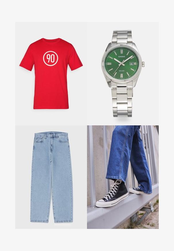Rdeča bombažna majica z belim okroglim grafičnim vzorcem, ki ima v središču številko "90". Klasičen okrogli izrez in kratki rokavi.; Svijetloplave traperice s ravnim nogavicama, srednjeg struka, pet džepova te zatvaranjem na gumb i munju.; Črne visoke teniske z belim podplatom in vezalkami, v kombinaciji z ohlapnimi modrimi džinsom, naslonjene na sivo ograjo.; Srebrna ura iz nerjavečega jekla z okroglo zeleno številčnico, srebrnimi oznakami ur, prikazom datuma in kovinskim povezovalnim pasom. Vodoodporna do 50 metrov.