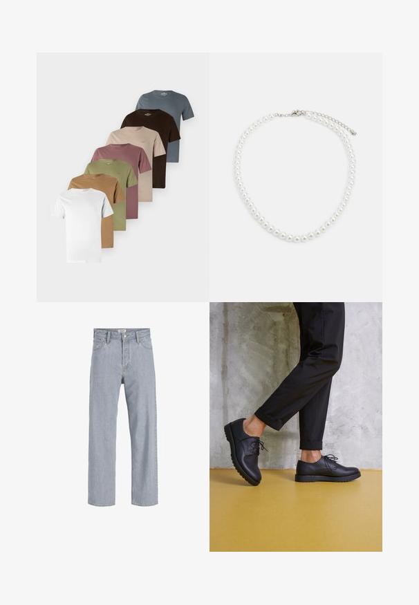 Nyolc rövid ujjú póló sorban kiállítva, változatos színekben: fehér, zöld, barna, rózsaszín, bézs és kék. Egyszerű, kerek nyakú dizájn.; Világoskék farmernadrág, laza szabású, egyenes lábú kialakítással, látható varrással, két elülső zsebbel és gombos záródással.; Fekete bőr, fűzős cipő, lekerekített orral, textúrált felülettel és vastag gumitalppal. Fekete, felgöngyölt nadrággal viselve, betontér háttérrel.; Fehér gyöngy nyaklánc, egységes kerek alakú, sima felületű, fémből készült kapoccsal, állítható hosszúságú meghosszabbító lánccal.
