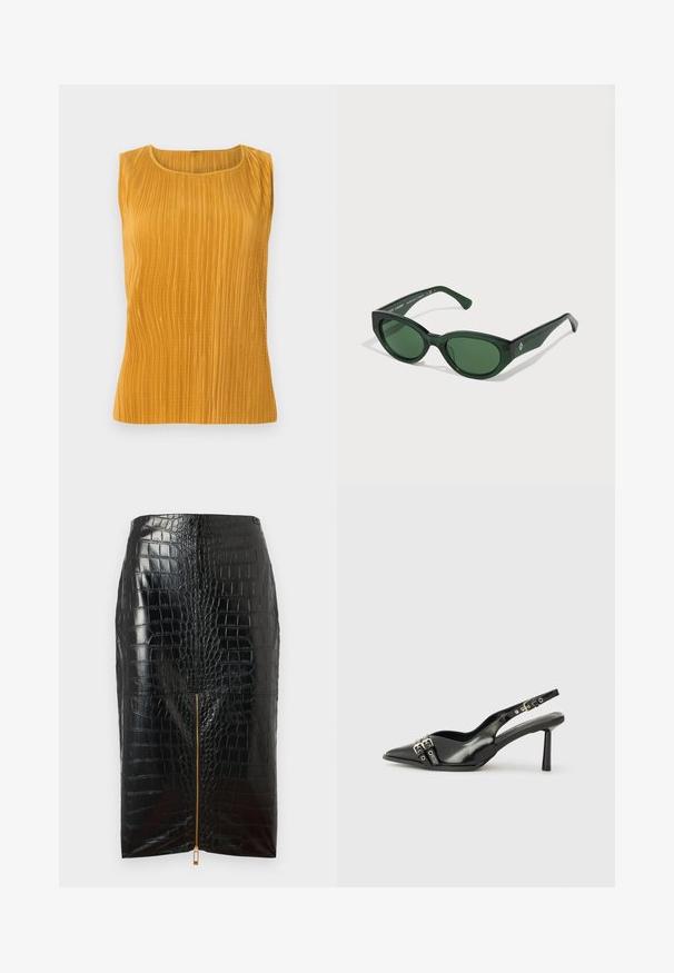 Senapsgul ärmlös topp med vertikala veck, rund halsringning och en mjuk textur. Enkel design utan ytterligare dekorationer.; Svart mockaläderpennkjol med krokodilstruktur, med en central guldzipper och slät finish.; Svart lackläder slingbacksko med spetsig tå, ankelremmar med silverfärgade spännen och detaljer samt en smal klack.; Gröna solglasögon med en glänsande finish, rektangulära bågar och mörkgröna linser. Har en diskret logotyp på sidan av skalmen.; Svart läderhandväska med ett guldkattsformat handtag, med en främre klaff, justerbar rem och logodetalj på den nedre framsidan.
