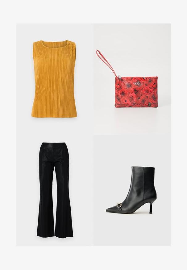 Sininen keltainen hihaton paita, jossa on pystysuorat poimutukset, pyöreä kaula-aukko ja sileä rakenne. Yksinkertainen muotoilu ilman lisäkoristeita.; Mustat leveälahkeiset housut, jotka on valmistettu sileästä ja kiiltävästä kankaasta. Ominaisuuksina suora vyötärö ja hienovaraiset raitakuviot tekstuurin ja yksityiskohtien lisäämiseksi.; Musta nahkasaapas nilkkapituisilla, terävillä kärjillä, hoikalla keskipituisella korolla ja hopeavöillä sivussa yksinkertaista taustaa vasten.; Puntti käsi punaisista kukista, jossa on ruusukuvio, vetoketjuluukku, hopeiset yksityiskohdat ja rannekkeellinen kantohihna kätevää kuljettamista varten.