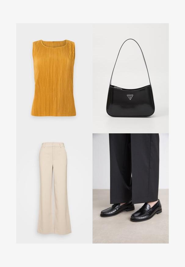 Top galben muștar fără mâneci, cu pliseuri verticale, decolteu rotund și o textură netedă. Design simplu, fără embellishments suplimentare.; Pantaloni bej cu croi larg, cu o textură netedă, având o talie înaltă și două buzunare frontale. Design curat cu o croială adaptată.; Mocasini din piele neagră cu un finisaj neted, cu detalii cusute în jurul vârfului și o talpă joasă din cauciuc. Asortați cu pantaloni largi negri.; Geantă de umăr din piele patent neagră, cu o formă curbată, având un logo triangular argintiu și închidere cu fermoar. Textură netedă și curea subțire.