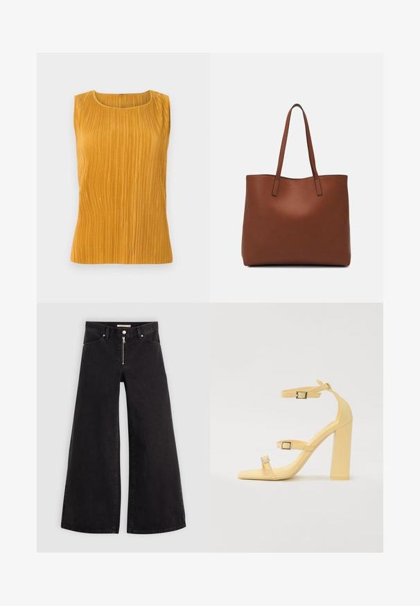 Gelinės geltonos be rankovių marškiniai su vertikaliomis raukšlėmis, apvalia iškirpte ir sklandžiu paviršiumi. Paprastas dizainas be papildomų puošmenų.; Plačios kojų džinsai iš juodo džinsinio audinio su užtrauktuku priekyje, penkių kišenių dizainu ir subtiliais siuvinėjimo akcentais. Lygus paviršius ir laisvalaikio stilius.; Geltoni blokiniai kulniukai su trimis reguliuojamais diržais, kvadratinis pirštas, sklandus sintetinės medžiagos paviršius ir sidabrinės tono sagtelės.; Ruda odinė priekabų krepšys su glotnia tekstūra, atviru viršumi ir dviem petnešomis. Su minimalia siuvimo detalėmis ir nematoma aparatūra.