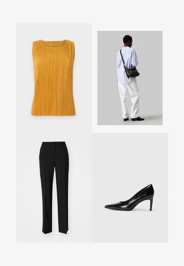 Horčicovožltý top bez rukávov s vertikálnymi skladmi, okrúhlym výstrihom a hladkou textúrou. Jednoduchý dizajn bez ďalších ozdôb.; Čierne krajčírské nohavice so strihom rovného nohu, s hladkou textúrou a ostrými skladmi pozdĺž prednej časti. Žiadne viditeľné hardvér.; Čierna kožená vysoká topánka s ihlovým podpätkom a špičatou špicou, hladkou textúrou a zúženým podpätkom. Minimalistický dizajn, bez ďalších ozdôb.; Čierna kožená ramenná taška so mäkkou textúrou, trojuholníkovým tvarom a nastaviteľným popruhom, skombinovaná s svetlomodrou pruhovanou košeľou a bielymi nohavicami.