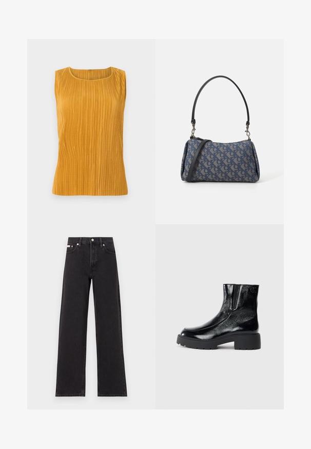 Top amarelo mostarda sem mangas, com pregas verticais, decote redondo e textura suave. Design simples sem adornos adicionais.; Jeans de perna larga pretos feitos de denim, apresentando uma cintura alta, estilo de cinco bolsos e um fecho em botão de metal com costura contrastante.; Botas de tornozelo pretas com acabamento em pele envernizada brilhante, sola de borracha preta robusta e salto elevado; inclui um detalhe discreto do logótipo na lateral.; Bolsa de padrão azul feita de tecido, com um formato curvo, alça de couro preto e design de logotipo em uma tonalidade mais clara.
