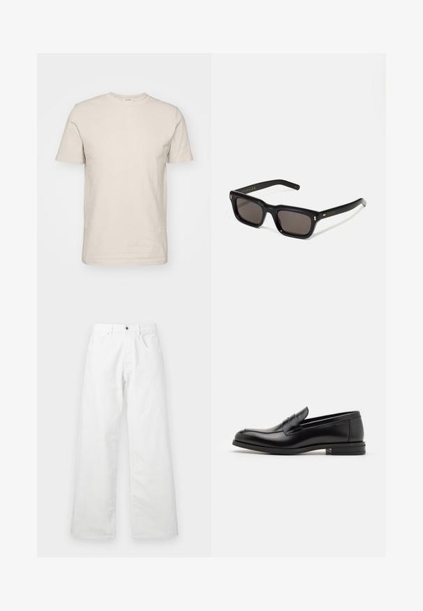 Lühikeste varrukatega, ümmarguse kaelusega T-särk heleses puuvillas. Omab siledat tekstuuri, standardset istuvust ja lihtsat disaini, ilma mustrite ja kaunistusteta.; Valged denim püksid sirge lõikega, millel on kaks eesmist taskut ja nööpkinne. Sile tekstuur, millel on veidi kulunud välimus.; Mustad mustad nahast loafers sileda tekstuuriga, ümarat ninaosa ja dekoratiivne riba vampi üle. Madal kihiline konts, minimalistlik disain.; Mustad mustakorruselised prillid tumedate läätsedega, paks plastikraam, kuldsed aksendid templites ning kaubamärgi logo graveeritud käe lilla.