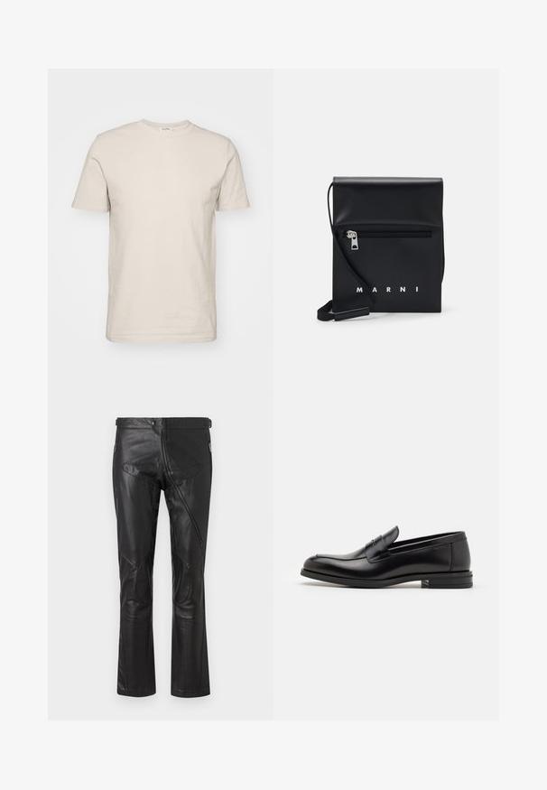 Lyhythihainen, pyöreäkauluksinen t-paita vaaleanbeigeä puuvillaa. Ominaisuuksiin kuuluu sileä rakenne, normaali istuvuus sekä yksinkertainen muotoilu ilman kuvioita tai koristeita.; Mustat nahkahousut suoranlahkeisella muotoilulla, joissa on vetoketjulliset taskut, polvipaikat ja säädettävät vyötäröyksityiskohdat. Tasainen pinta.; Mustat nahkakengät, joissa on sileä pinta, pyöreä kärki ja koristeellinen nauha jalkapöydän yli. Matala pinoitu koroke, minimalistinen muotoilu.; Musta nahkainen olkalaukku, jossa on vetoketjullinen etutasku, kohokuvioitu logo ja säädettävä hihna. Sujuva tekstuuri ja jämäkkä muoto.