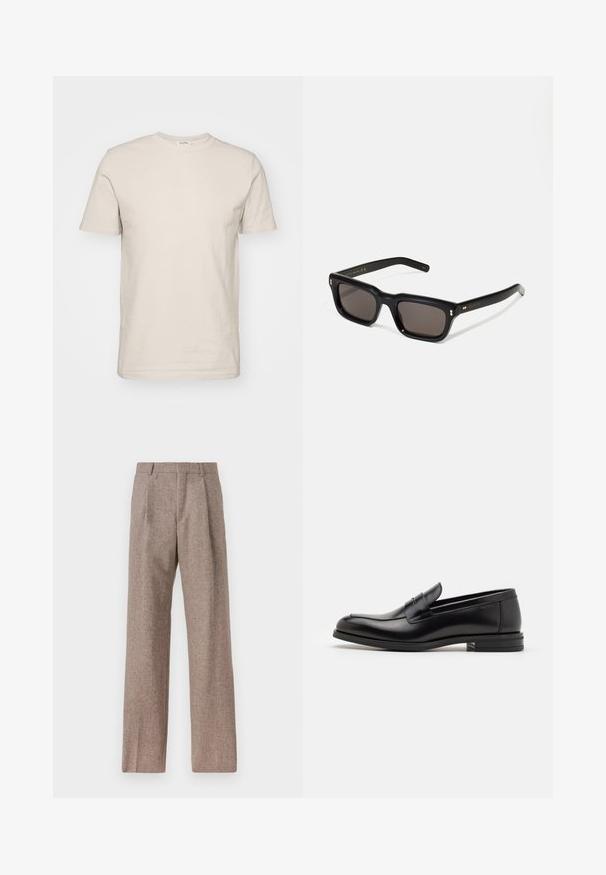 Koszulka z krótkim rękawem i okrągłym dekoltem w jasnobeżowym kolorze, wykonana z bawełny. Posiada gładką fakturę, standardowy krój oraz prosty design bez wzorów i ozdób.; Brązowe, wysokiej talii spodnie wykonane z teksturowanej tkaniny. Posiadają szerokie nogawki i dwa przednie zakładki dla lepszej struktury. Starannie wykończone, bez widocznych elementów metalowych.; Czarne skórzane mokasyny o gładkiej fakturze, zaokrąglonym nosku i dekoracyjnym pasku na przodzie. Niski, warstwowy obcas, minimalistyczny design.; Czarne prostokątne okulary przeciwsłoneczne z ciemnymi soczewkami, grubą plastikową oprawą, złotymi akcentami na zausznikach oraz wygrawerowanym logo marki na ramieniu.