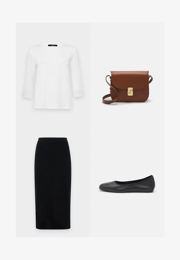 WEEKEND MaxMara MULTIA - Langarmshirt - bianco; Schwarzer Bleistiftrock aus glattem Stoff, taillierter Schnitt und knielange Silhouette. Mit einem nahtlosen Bund für einen sauberen Abschluss.; Schwarze Leder-Ballettschuhe mit abgerundeter Spitze, glatter Textur, minimalen Nähdetails und einem flexiblen Sohlen-Design.; Braune Ledertasche mit Klappenverschluss, Beschlägen in Goldfarbe, einem Schultergurt und einer glatten Oberfläche. Kompakte rechteckige Form.