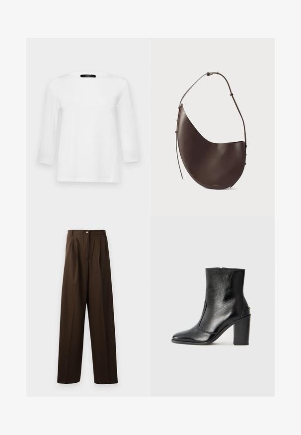 Weekend Max Mara MULTIA - Longsleeve - bianco; Bruine op maat gemaakte broek met een wijdpijpenontwerp, voorzien van voorplooien, een knoopsluiting en een soepele, gestructureerde stof.; Zwarte leren enkelboot met een gladde textuur, spitse neus en een gedurfde hoge hak. Beschikt over een zijopening en een minimalistisch ontwerp.; Bruine leren handtas met een gebogen vorm, enkele schouderband en minimalistisch ontwerp. Heeft een subtiel logo en gouden hardware accenten.