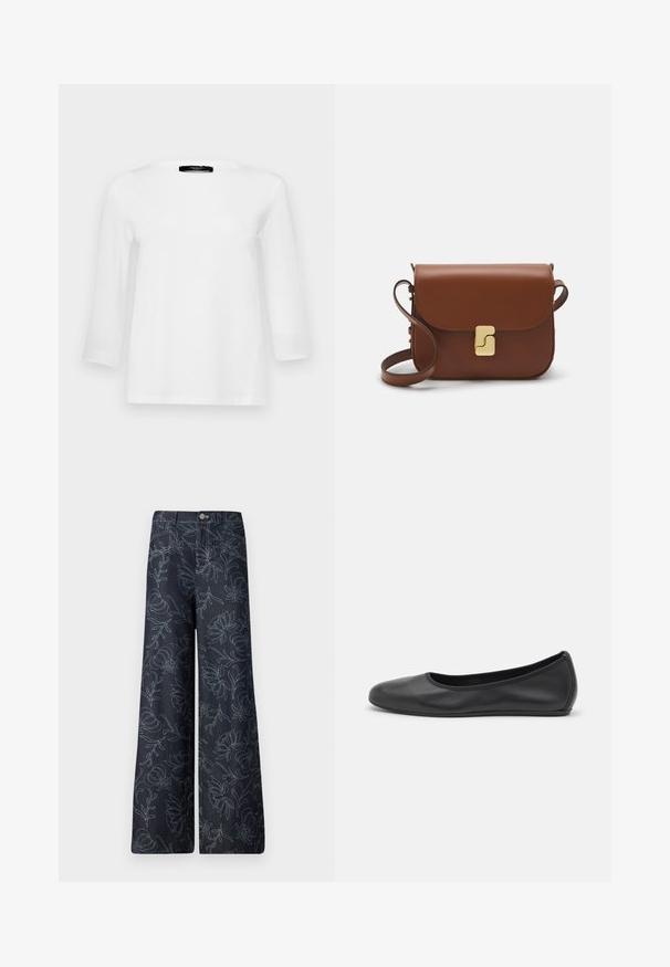 WEEKEND MaxMara MULTIA - Maglietta a manica lunga - bianco; Pantaloni larghi in denim scuro con un motivo floreale ricamato in azzurro. Design classico a cinque tasche con chiusura frontale a bottone.; Pantofole da balletto nere in pelle con punta arrotondata, texture liscia, dettagli di cucitura minimi e design con suola flessibile.; Borsa a tracolla in pelle marrone con chiusura a pattina, hardware color oro, tracolla e una finitura liscia. Forma rettangolare compatta.