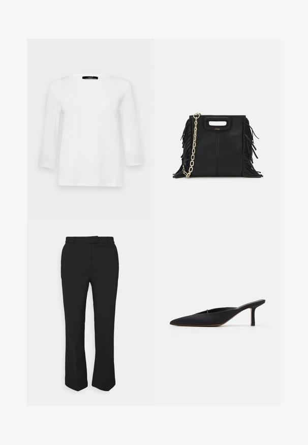 WEEKEND MaxMara MULTIA - Long sleeved top - bianco; Black tailored pants with a straight-leg design, featuring belt loops and side pockets. Made from smooth fabric with a clean finish.; Black pointed-toe mule with a sleek design, made of smooth fabric, featuring a slender heel and open back for easy wear.; Black leather handbag with fringe details, gold chain shoulder strap, and a cut-out handle. Features logo placement on the front.