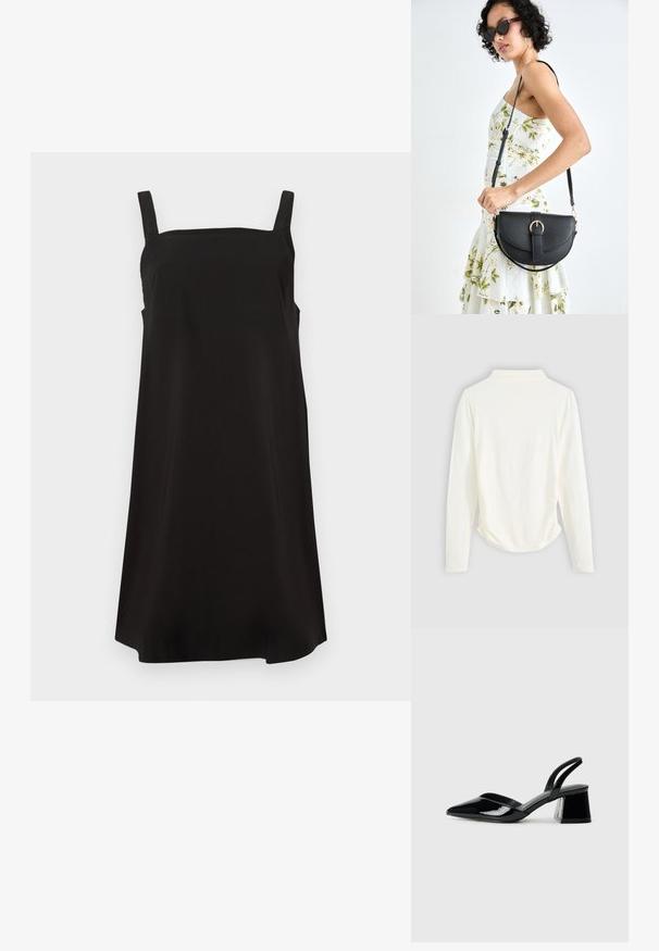 Long-sleeve top in cream-colored fabric, featuring a slight gathering at the sides and a classic collar. Smooth texture, simple design.; Black sleeveless dress with a square neckline, made from smooth fabric, featuring a loose fit and straight cut. No visible patterns or hardware.; Black patent leather slingback heels with a pointed toe and a geometric block heel. Features a sleek, minimal design and smooth texture.; Black leather handbag with a curved shape, detachable strap, and gold hardware. The bag features a flap with a buckle detail.