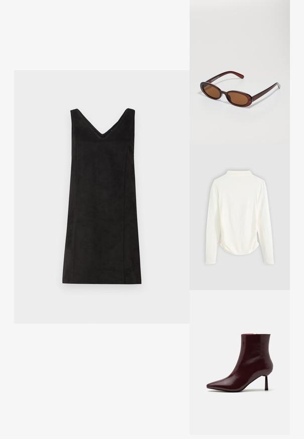 Ilgi piedurkņu tops krēmkrāsas audumā, ar nelielu savilkumu sānos un klasisku apkakli. Gluda tekstūra, vienkāršs dizains.; Melna bezdiega kleita ar V-veida kakla izgriezumu, izgatavota no mīkstas auduma, ar taisnu piegriezumu un minimālu detaļu skaitu. Gluda tekstūra.; Burgundijas lakota ādas potīšu zābaciņi ar smailu purngalu un šauru stiletto papēdi, kas izceļas ar gludu, spīdīgu tekstūru un minimālistisku dizainu.; Apaļas, brūnīgi nokrāsotas saulesbrilles ar spīdīgu bordo rāmīti. Šauri kāti ar diskrētu zīmola detaļu. Plakana objektīva dizains.