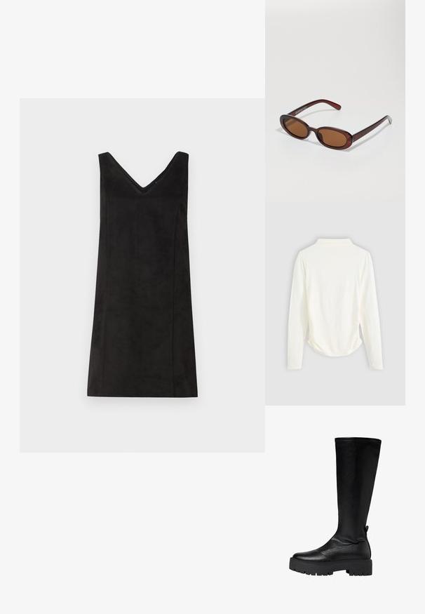 Maglietta a maniche lunghe in tessuto color crema, con una leggera arricciatura sui lati e un colletto classico. Texture liscia, design semplice.; Abito nero senza maniche con scollo a V, realizzato in un materiale morbido, caratterizzato da una linea dritta e da dettagli minimi. Texture liscia.; Stivale nero in pelle, fino al ginocchio, con suola platform nera e spessa, texture liscia e dettagli cuciti sul davanti e sul retro.; Occhiali da sole rotondi con tonalità marrone, montatura lucida color bordeaux. Aste sottili con un sottile dettaglio del marchio. Design delle lenti piatte.; Borsa a tracolla in pelle intrecciata marrone con una forma triangolare morbida. Presenta una maniglia intrecciata e una chiusura con zip lungo la parte superiore.
