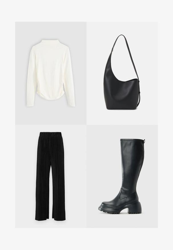Camisa de manga longa em tecido creme, apresentando um leve franzido nas laterais e um colarinho clássico. Textura suave, design simples.; Calças pregueadas pretas com uma cintura elástica. Apresentam pernas largas e um tecido liso, texturizado com riscas verticais.; Bota preta de couro alta com sola de plataforma robusta e salto bloco, apresentando puxador e padrão texturizado na sola.; Saco hobo preto em pele com uma textura lisa, forma curva e uma única alça ajustável; apresenta uma abertura larga na parte de cima.