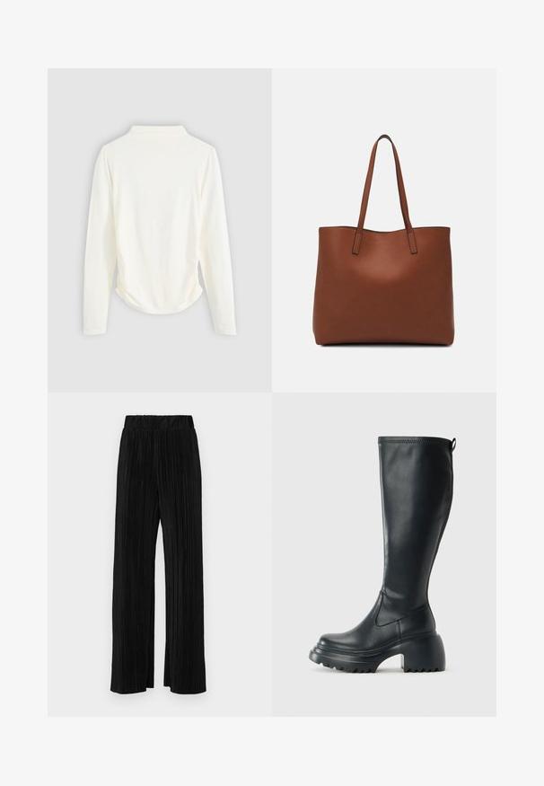 Bluză cu mânecă lungă dintr-un material de culoare crem, cu o ușoară adunare pe laterale și un guler clasic. Textură netedă, design simplu.; Pantaloni negri plisati cu talie elastică. Prezintă picioare largi și un material neted, texturat, cu dungi verticale.; Cizme lungi din piele neagră cu talpă platformă masivă și tocul pătrat, având un tab de tragere și un model texturat pe talpa exterioară.; Geantă de umăr din piele maro cu o textură netedă, design cu vârf deschis și două curele pentru umăr. Prezintă cusături minime și fără componente metalice vizibile.