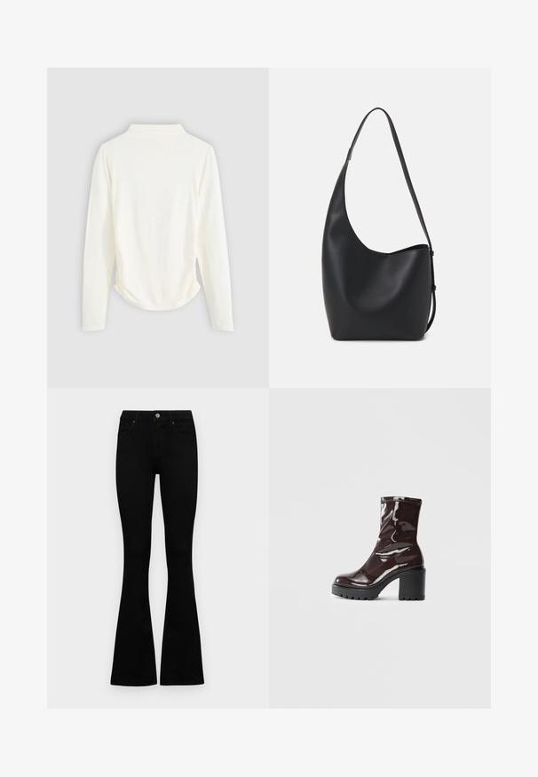 Pitkähihainen paita vaaleassa kankaassa, jossa on lievää kerääntymistä sivuilla ja klassinen kaulus. Sujuva rakenne, yksinkertainen muotoilu.; Mustat korkeavyötäröiset farkut nappi- ja vetskariyläosalla, etutaskuilla ja levenevillä lahkeilla, asetettuna tasaisesti valkoista taustaa vasten.; Satea bordeaux berwarna mengkilap dengan tumit hitam tebal, menampilkan tekstur halus dan desain sederhana. Tanpa pengikat atau pola yang terlihat.; Musta nahkainen hobo-laukku, jossa on sileä pinta, kaareva muoto ja yksi säädettävä olkahihna; sisäänkäynti on leveä ylhäältä.