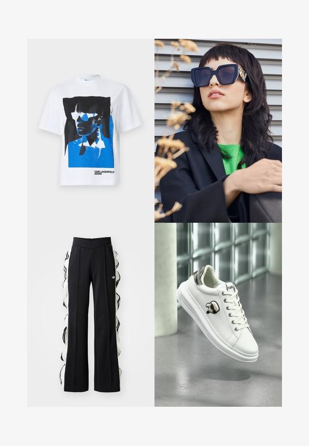 Bílý tričko s krátkým rukávem, na kterém je modro-černý grafický tisk obličeje s brýlemi. Text 'KARL LAGERFELD JEANS' je na spodní části.; Černé sportovní kalhoty s texturovaným pasem, s bílými bočními panely a volánkovými detaily, a vyšitým logem na přední straně.; Bílé tenisky Karl Lagerfeld s šněrováním, černou a béžovou logovou nášivkou a metalicky stříbrným patkem, které se vznášejí nad šedou podlahou.; Příliš velké černé sluneční brýle s tlustým rámem a zlatým akcentem, nošené s černým sako a jasně zelenou košilí, na horizontálním pozadí.