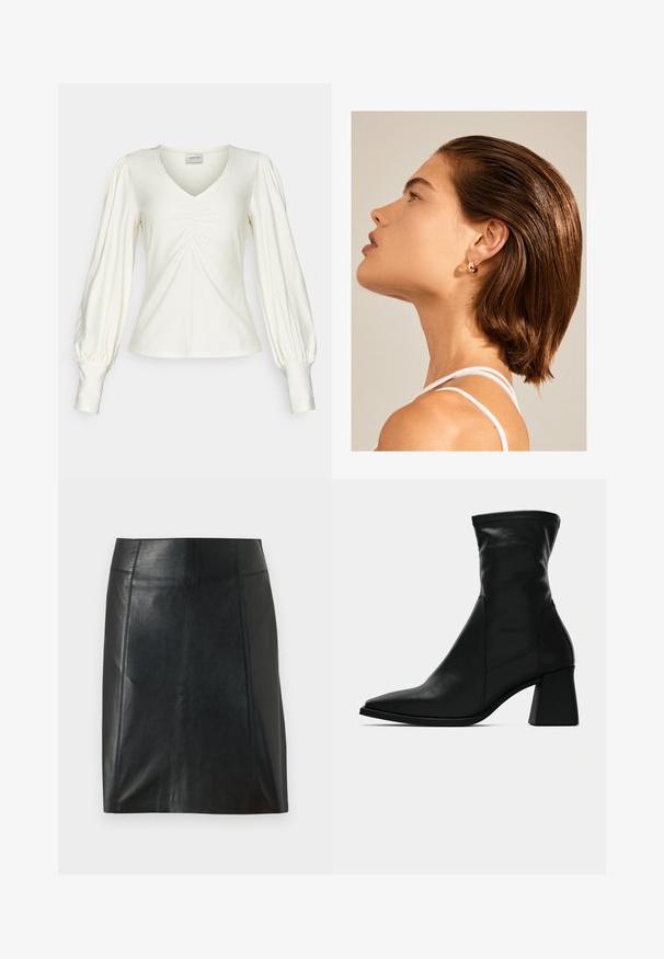 Krämfärgad långärmad topp med V-hals, med rynkade detaljer fram och puffärmar som smalnar av vid ärmsluten.; Svart läderkjol med en figursydd design. Slät textur, sömmar som markerar formen, och en rak fåll. Minimalistisk och elegant look.; Svarta ankle boots med spetsig tå, tillverkade av mjukt läder. Har en blockklack och ett åtsittande skaft, med synliga sömdetaljer.; Guld hoopörhängen på en modell med slickat brunt hår, profilvy som framhäver örhängets reflekterande yta och släta design.