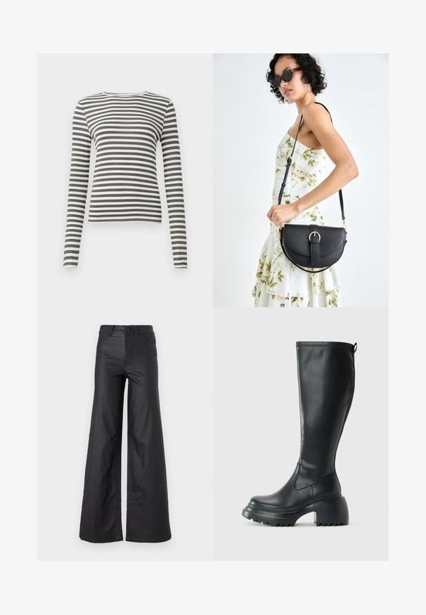 Long-sleeve top in olive green and white stripes. Ribbed texture, round neckline, and fitted shape. No visible hardware or accents.; Black, wide-leg pants in a faux leather material. Features a high waist, belt loops, two front pockets, and stitched detailing.; Tall black leather boot with chunky platform sole and block heel, featuring pull tab and textured tread on outsole.; Black leather handbag with a curved shape, detachable strap, and gold hardware. The bag features a flap with a buckle detail.