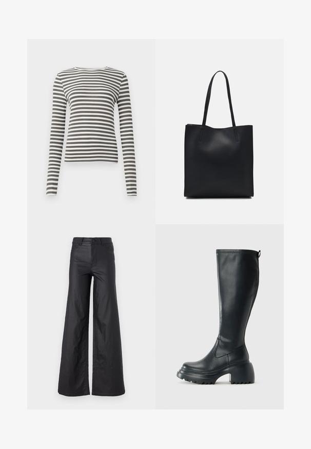 Dolga majica z dolgimi rokavi v olivno zeleni barvi s belimi črtami. Rebast teksturiran material, okrogel izrez in oprijet kroj. Brez vidnih kovinskih elementov ali dodatkov.; Črne, širokoglede hlače iz umetnega usnja. Imajo visok pas, zanke za pas, dva sprednja žepa in šivano detajliranje.; Visoka črna usnjena škornja s debelim podplatnim solejem in blok peto, opremljena s potegom in strukturiranim profilom na podplatu.; Črna usnjena torba s svilnato teksturo, pravokotne oblike in dvema dolgima ročajema. Brez vidnih metalnih delov ali okrasnih elementov.