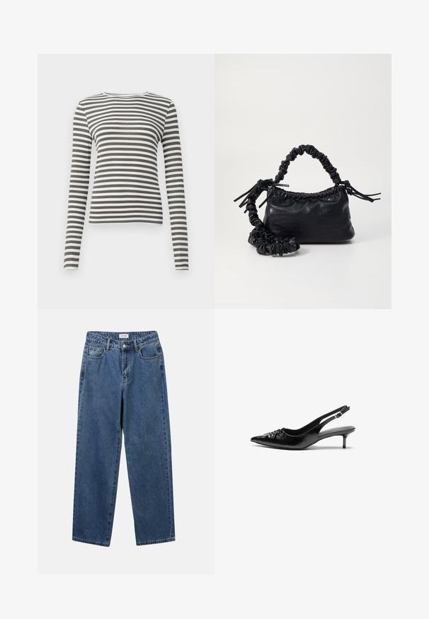 Duga majica s dugim rukavima u maslinasto zelenoj boji s bijelim prugama. Rebrasta tekstura, okrugli izrez i uski kroj. Nema vidljivih hardverskih dijelova ili ukrasa.; Klasične plave traperice s ravnim nogavicama, pet džepova i dugmadom za zatvaranje. Imaju srednje pranje i čvrstu teksturu.; Crne kožne sandale na petu s ikkrenim nosom, malom kitten petom i dekorativnom mašnom sprijeda. Glatka tekstura svuda.; Crna torba od umjetne kože s teksturom krokodila, s cinčanim vrhom i naboranom trakom. Izgleda mekano i kompaktno u dizajnu.