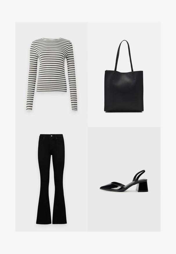 Langärmliges Oberteil in olivgrün mit weißen Streifen. Gerippte Textur, runder Ausschnitt und figurnahe Passform. Keine sichtbaren Beschläge oder Akzente.; Schwarze hochtaillierte Jeans mit einem Knopf- und Reißverschluss, Fronttaschen und ausgestellten Beinen, flach auf einem weißen Hintergrund ausgelegt.; Schwarze Lackleder-Slingback-High Heels mit spitzem Schuh und einem geometrischen Blockabsatz. Verfügt über ein schlankes, minimalistisches Design und eine glatte Textur.; Schwarze Laptoptasche aus Leder mit glatter Textur, rechteckiger Form und zwei langen Griffen. Keine sichtbaren Beschläge oder Verzierungen.