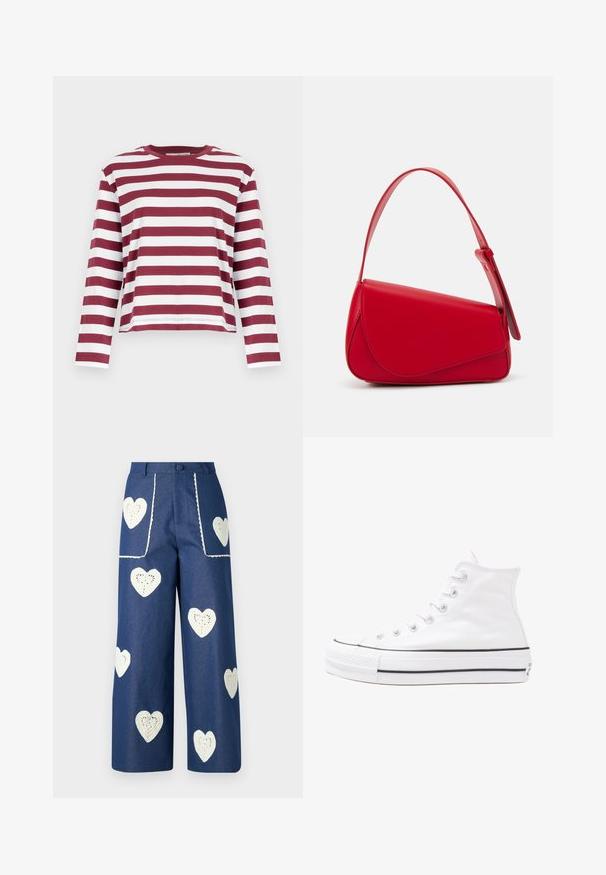 Selected Femme SLFESSENTIAL BOXY TEE - Topper langermet - zinfandel; Sister Jane HEART TO HEART - Jeans straight leg - blue denim; Hvit høy-skinn kanvas sneakers med svart gummisåle, gummitåhette foran og seks hull for snorer, med et rent, minimalistisk design.; Rød lærveske med en vinklet, geometrisk design. Har en enkelt justerbar stropp og en klaffelukking med sydd detaljer.