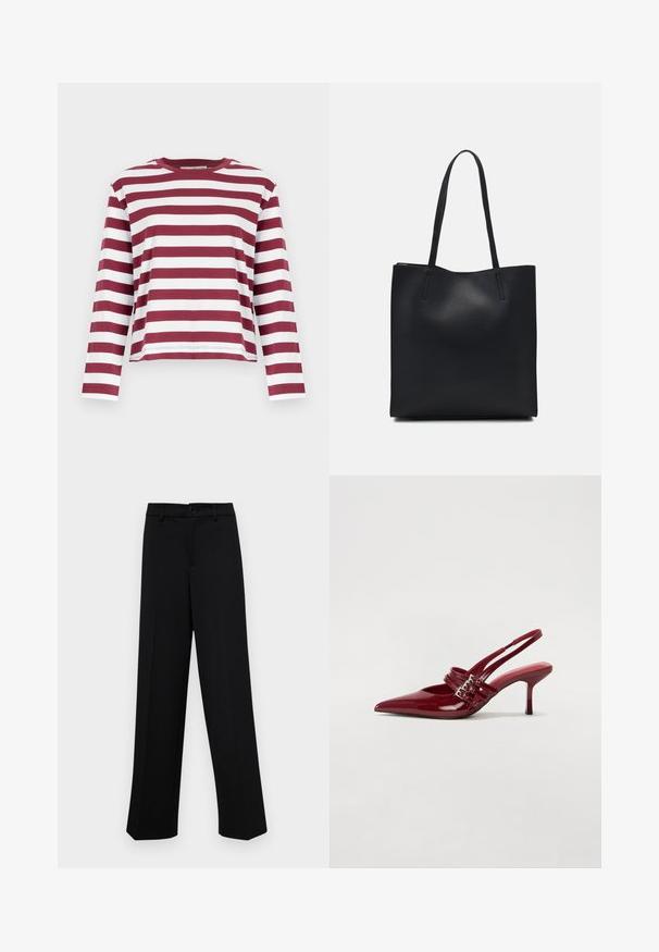 Selected Femme SLFESSENTIAL BOXY TEE - Hosszú ujjú felső - zinfandel; Fekete, széles szárú nadrág sima anyagból, klasszikus derékrésszel, gombzárral és elülső redőkkel.; Piros lakkbőr slingback sarokcipő, hegyes orral, két csatoló pánttal és vékony, közepes magasságú stiletto sarokkal. Simább textúrájú.; Fekete bőrtáska sima felszínnel, téglalap alakú, két hosszú füllel. Nincs látható fémkiegészítő vagy díszítés.