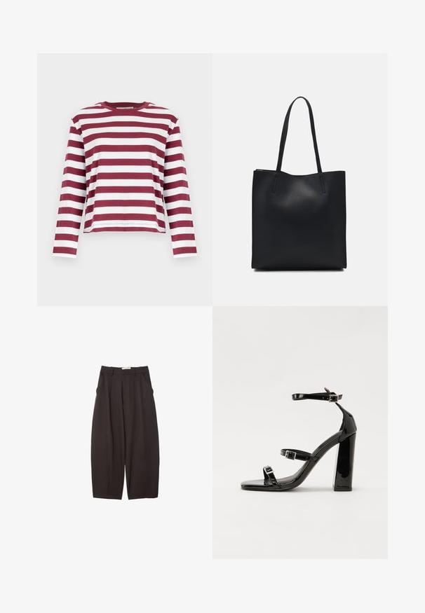 Selected Femme SLFESSENTIAL ciemnoczerwony; Czarne spodnie o szerokich nogawkach wykonane z gładkiego materiału, z wysokim stanem, plisami z przodu i bocznymi kieszeniami. Prosty fason bez zdobień.; Czarne lakierowane sandały na obcasie z kwadratowym noskiem, z paskami wokół kostki i srebrnymi klamrami. Posiadają masywny słupek dla stabilności.; Czarna skórzana torba tote o gładkiej fakturze, prostokątnym kształcie i dwóch długich uchwytach. Brak widocznych elementów metalowych i ozdób.