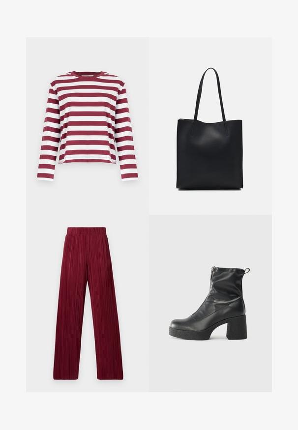 Selected Femme SLFESSENTIAL BOXY TEE - Long sleeved top - zinfandel; Maroon pleated wide-leg pants with an elastic waistband. Textured fabric features vertical stripes. Straight cut to the hem.; Black ankle boots made of smooth leather, featuring a side zipper, chunky textured heel, and rounded toe design.; Black leather tote bag with smooth texture, rectangular shape, and two long handles. No visible hardware or embellishments.