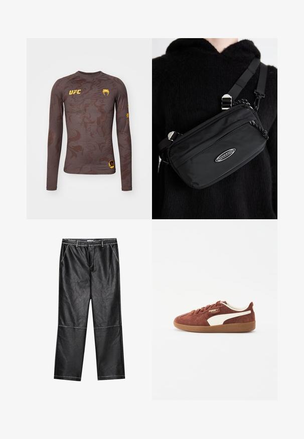 Μακρυμάνικη αθλητική μπλούζα από καφέ ύφασμα με υφή, που διαθέτει κίτρινο λογότυπο UFC και λεπτομέρειες, καμπυλωτό στρίφωμα και εφαρμοστή σχεδίαση.; Μαύρο ψεύτικο δερμάτινο παντελόνι, φαρδιάς γραμμής, με λεπτομέρειες ραφής και μπροστινές τσέπες, με λεία, ελαφρώς ανακλαστική υφή.; Σκούρο καφέ σουέτ αθλητικά παπούτσια με λευκές δερμάτινες λεπτομέρειες, στρογγυλή μύτη, σχέδιο με κορδόνια και ταμπερίνα σόλα. Λογότυπο μάρκας στο πλάι και στην γλώσσα.; Μαύρη νάιλον τσάντα crossbody με ρυθμιζόμενο λουρί, που διαθέτει λεία υφή, μπροστινή τσέπη με φερμουάρ και λογότυπο.