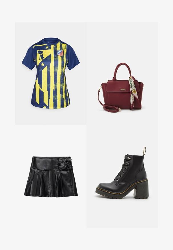 Zila un dzeltena sporta krekls ar grafisko dizainu, kurā redzamas svītras, zvaigznes un kluba logo. Izgatavots no gludas, sintētiskas materiāla.; Melnas ādas svārki ar arī pleciem, platām jostām un diviem sprādžu akcentiem sānos. Gluda tekstūra ar spīdīgu apdari.; Melnas ādas potītes zābaki ar masīvu augsto papēdi, auklām priekšpusē, metāla acīm un dzelteniem uzšuvumiem gar zolēm. Tekstūrēta gumijas zole.; Burgundijas krāsas somiņa, izgatavota no sintētiska materiāla ar strukturētu dizainu, ar noņemamu siksnu un ziedu raksta šalli, kas piesieta pie roktura.