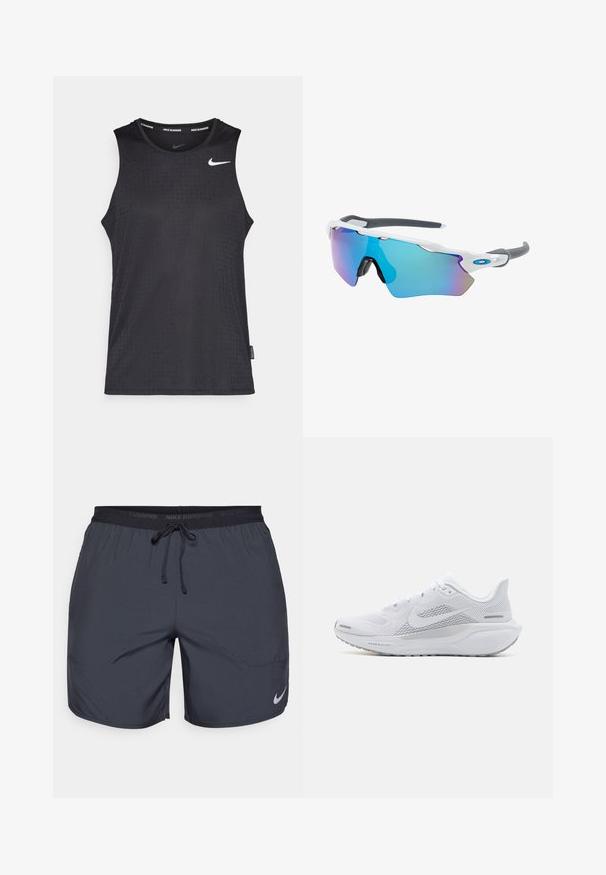 Čierny bezrukávový atletický top vyrobený z hladkého materiálu, s textúrovaným vzorom a malým bielym logom Nike na hrudi.; Běžecké šortky Nike v tmavě šedé barvě, s elastickým pasem a šňůrkou na stažení, a stříbrným logem na spodní části pravé nohavice.; Biele športové topánky s sieťovaným zvrškom, hladkými textúrovanými prekrytiami, šedými akcentmi, šnúrkami a odpruženou podrážkou navrhnutou pre výkon.; Slnečné okuliare s bielym rámom, so sivými akcentmi a modrými zrkadlovými sklami. Športový dizajn, okrúhly tvar a nastaviteľné nosové podložky.