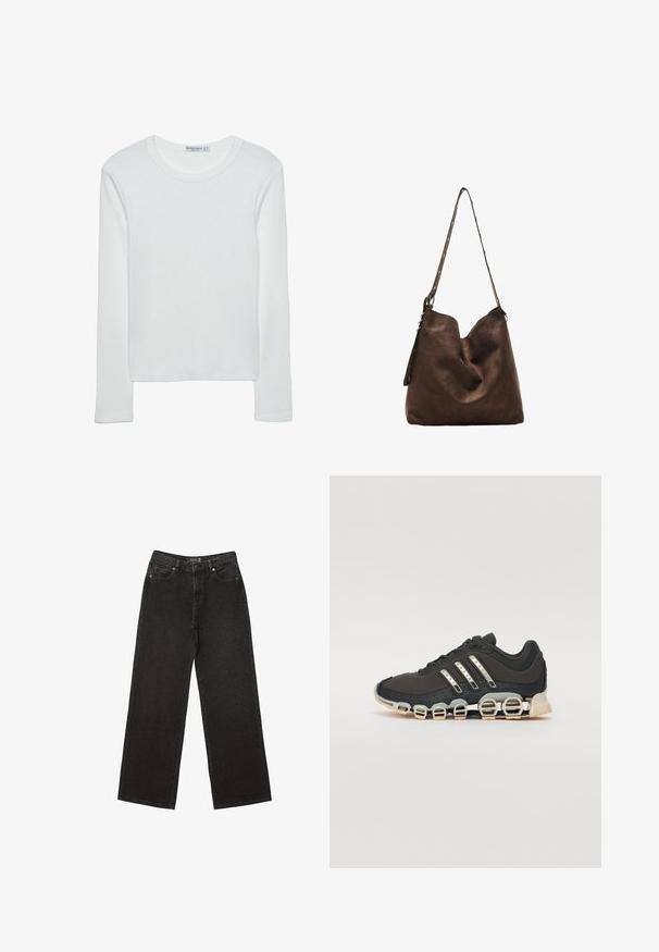 White long-sleeve t-shirt made from ribbed fabric featuring a round neckline and a straight-cut hem. Simple, solid design.; Black wide-leg jeans made of denim, featuring small dotted patterns, classic five-pocket design, and a button and zip fly closure.; Black athletic shoe with a textured upper, three silver stripes, and a distinctive cushioning sole featuring multiple integrated sections.; Brown suede hobo bag with a curved top, a long strap with dot accents, and a soft texture. Features slouchy design for casual use.
