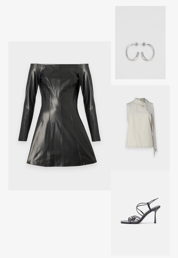 Beige beš sleeve marškiniai, pagaminti iš minkštos medžiagos, su aukšta apykakle ir asimetriniu drapavimu priekyje, suteikiančiu papildomą detalę.; Juodas of-the-shoulder suknelė, pagaminta iš lygaus odos. Savybės: ilgos rankovės, pritaikyta forma ir plati sijonas. Akivaizdžios siūlės ir tekstūros detalės.; Juodos aukštakulnės sandalai pasižymi plonyčiais dirželiais su mazgo dizainu, lygiu kvadratiniu pirštu ir elegantišku stiletto kulnu.; Šviesiai pilka metalinė rankinė su grandinėlės dirželiu, papuošta mažais apvaliais metaliniais smeigėmis ir trikampiu prekės ženklu.; Sidabrinės auskarai žiedai su lygiu, blizgiu paviršiumi. Suapvalinta forma, lengvas dizainas, su uždarymu ant smeigtuko.