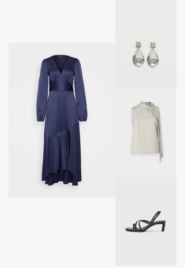 Top fără mâneci, de culoare bej deschis, confecționat dintr-un material moale, având un guler înalt și o drapare asimetrică pe față pentru un plus de detaliu.; Rochie midi din satin bleu marin, cu mâneci lungi tip puff, decolteu adânc în V și design cu fustă stratificată, având o margine asimetrică în față și spate.; Sandal cu barete negre, cu vârf pătrat și toc mic de bloc. Prezintă mai multe barete subțiri și o bareta ajustabilă la gleznă. Fabricat din piele netedă.; Geantă de umăr din piele neagră, cu o textură netedă, formă rectangulară și un detaliu din lanț metalic în față. Include curea reglabilă.; Cercei din argint cu stud pătrat, având un finisaj neted și lustruit, într-o formă de lacrimă, care reflectă lumina cu o suprafață lucioasă.