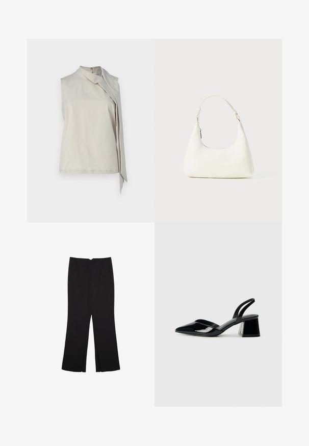 Top senza maniche di un tenue colore beige, realizzato in tessuto morbido, caratterizzato da un colletto alto e una drappeggiatura asimmetrica sulla parte frontale per aggiungere un tocco di originalità.; Pantaloni neri a gamba dritta, con tasche frontali e spacchi laterali all'orlo. Realizzati in tessuto morbido e liscio. Adatti a diverse occasioni.; Décolleté in vernice nera con punta affusolata e tacco in geometria cubica. Presentano un design elegante e minimalista, con una texture liscia.; Piccola borsa a spalla bianca con una singola tracolla regolabile e chiusura a zip, su uno sfondo bianco uniforme.