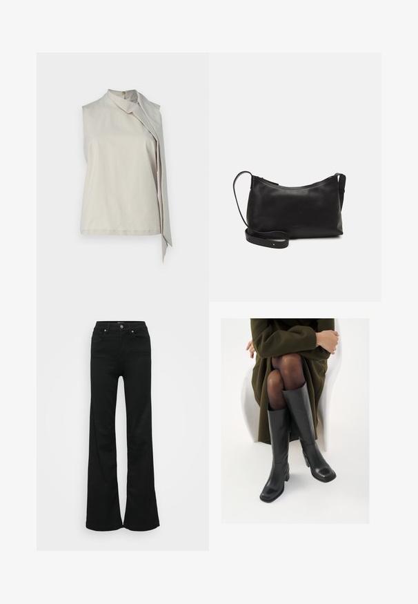 Haut sans manches de couleur beige clair en tissu doux avec un col haut et un drapé asymétrique à l'avant pour un détail supplémentaire.; Jean noir évasé en denim, doté d'une taille haute, de cinq poches et d'une fermeture à bouton en métal. Texture lisse avec un minimum de détails.; Bottes en cuir noires arrivant au genou, avec un bout carré et un talon carré, présentées sur un modèle assis dans un manteau vert olive. Texture lisse, détails minimaux.; Sac à épaule en cuir noir avec une texture lisse, une forme courbée, une bandoulière ajustable et une fermeture éclair. Design minimaliste sans embellissements.