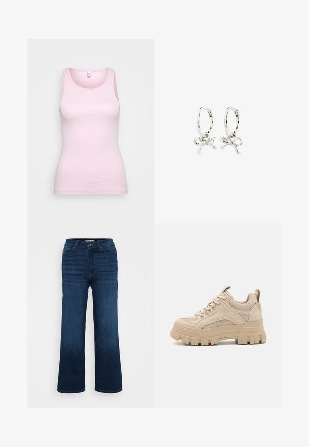 Rozā kokvilnas topiņš ar ribota tekstūra un klasisku apaļu izgriezumu. Bez piedurknēm, pieguļoša siluets un bez izteiktiem dekoratīviem elementiem.; ONLY Petite ONLMADISON BLUSH WIDE - Džinsi ar platām starām - dark blue denim; Beige masīvi kedu ar acu un ādas maisījumu, ar biezu zoli un izteiktu profils, pie sajūtu dizains un zīmola detaļa.; Sudraba auskari ar gredzenu formu un saites dizainu, ar gludu apdari un pulētu tekstūru. Kompakts, minimālisma stils, kas piemērots dažādām reizēm.