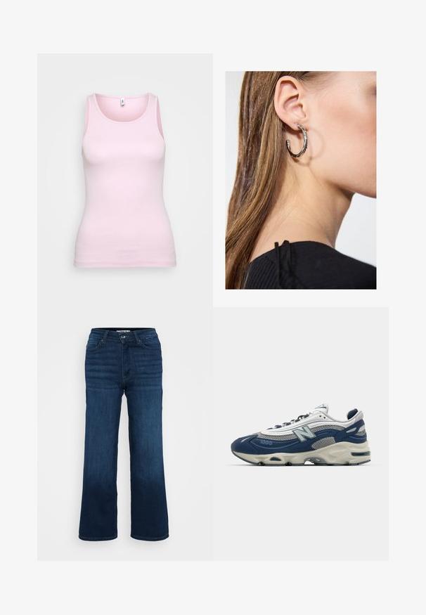 Roza bombažna majica brez rokavov z rebrasto teksturo in klasičnim okroglim izrezom. Majica je oprijeta in brez izstopajočih detajlov.; ONLY Petite ONLMADISON BLUSH WIDE - Široke hlačnice - dark blue denim; Tenisice New Balance 1000 v mornarsko modri in sivi mrežasti tkanini, z blaženim podplatom, teksturiranimi detajli in izstopajočim logotipom na strani.; Srebrna obročasta uhana s polirano površino, ki vključuje majhne zlate poudarke in okroglo obliko, nošena na ušesnem lobu.