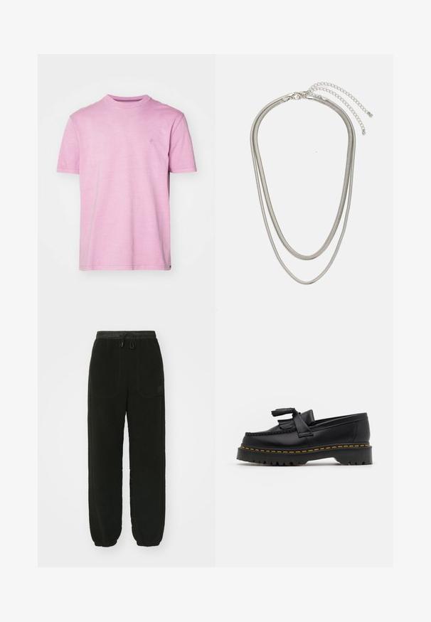 Ανοιχτό ροζ κοντομάνικο μπλουζάκι από μαλακό ύφασμα, με στρογγυλή λαιμόκοψη και ένα μικρό λογότυπο στο στήθος. Κανονική εφαρμογή.; Μαύρες φλις φόρμες με ελαστική μέση και κορδόνι. Διαθέτουν δύο μπροστινές τσέπες και σφιχτές μανσέτες στον αστράγαλο.; Μαύρο δερμάτινο loafer με τασέλ καφέ, με χοντρή μαύρη σόλα και κίτρινη ραφή στην άκρη. Υφή με υλικό texture.; Αλυσίδα τριών επιπέδων από ασημένιο μέταλλο, με κομψές, ευέλικτες αλυσίδες που έχουν ελαφριά γυαλάδα, ασφαλισμένη με κούμπωμα με καβίλι και ρυθμιζόμενη αλυσίδα.