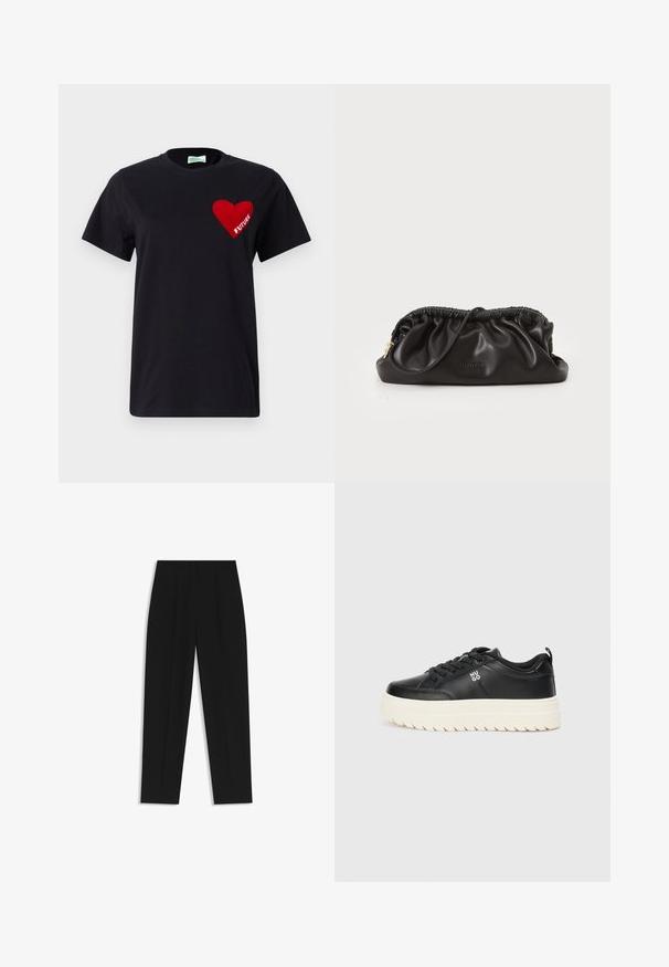 Black cotton t-shirt featuring a red heart graphic with the word "FUTURE" inside it, crew neck, and short sleeves.; Black trousers with a straight fit, featuring double pleats, a smooth texture, and a classic waistband design. No visible hardware or accents.; Black leather sneaker with a chunky white sole, round toe, and flat laces; features "HUGO" logo on the side and textured sole for grip.; Black leather clutch bag with gathered top, zip closure, and gold hardware accent. Smooth texture with embossed logo detail.
