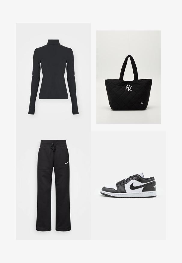 Black ribbed turtleneck top with long sleeves, fitted shape, smooth texture, and subtle stretch, designed for comfort and layering.; Black sweatpants made of cotton blend, featuring a drawstring waistband, straight legs, and a white Nike logo on the left side.; Black and white Nike low-top sneakers feature a smooth leather upper, round toe, lace-up closure, and a patterned rubber outsole.; Quilted black tote bag with double handles, featuring a white New York Yankees logo and a small brand emblem on the side.